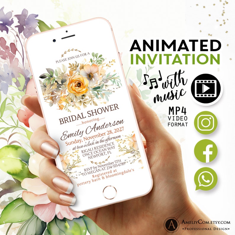 Bridal Shower Animated Video Invitation for Summer Wedding Bliss Wildflower Bridal Brunch Invitations. Bridal Shower Invite Digital zdjęcie 8