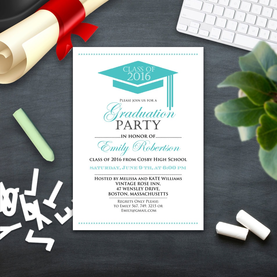Graduation party Invitation Printable template Mint Teal Etsy