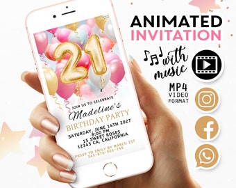 21st Birthday Invitation, Animated Invitation, Video Invitation, Girly Birthday Party, Twenty One Birthday, Gold Balloons Digital Invitation