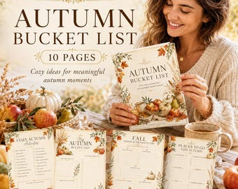 Puede incluir: Un documento imprimible de 10 páginas titulado Autumn Bucket List, decorado con ilustraciones estacionales de calabazas, manzanas y follaje otoñal. Las páginas incluyen listas de verificación para actividades, comidas, bebidas y lugares.