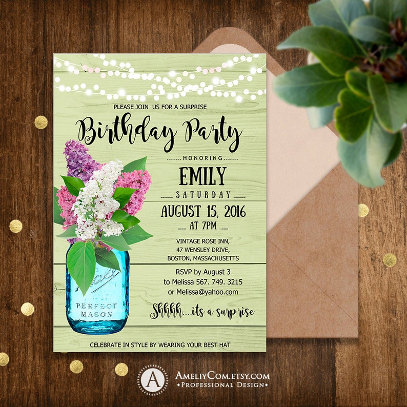 Any Jar  INSTANT Surprise Adult Ages Party Rustic Invites Birthday Garden Invitations Printable DOWNLOAD Lilac Invite Mason Birthday Birthday