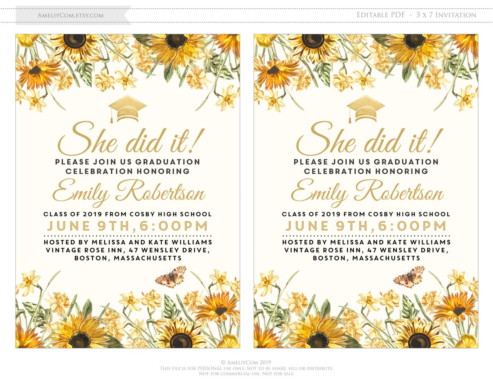 Printable Sunflower Graduation Invitation Gold & Sunflowers Etsy
