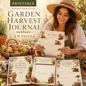 Può includere: Un set di diario del raccolto da giardino stampabile composto da dieci pagine con illustrazioni botaniche di frutta e verdura. Le pagine includono sezioni per la quantità del raccolto, note sulla resa e riflessioni di fine stagione.