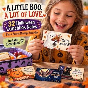 Könnte beinhalten: Ein Set aus 32 Halloween-Lunchbox-Notizen mit Illustrationen von einem Geist, einem Kürbis, einer Fledermaus und einer schwarzen Katze sowie den Texten A LITTLE BOO. A LOT OF LOVE., You're boo-tiful!, You're my favorite little pumpkin., Have a fang-tastic day! und You're purr-fect just as you are.