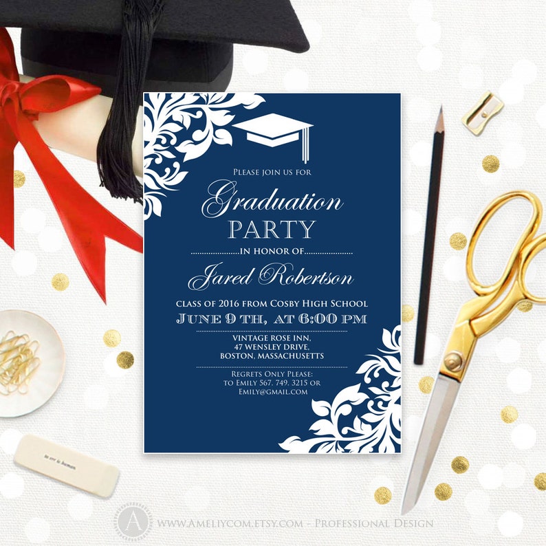 Graduation Announcement Boy Printable template Navy College Etsy