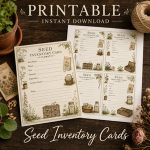 May include: Printable seed inventory cards with a vintage aesthetic. The cards feature illustrations of seed packets, baskets, and jars. The text "Seed Inventory Card" is displayed on each card, with fields for seed name, brand, and other details. The words "Printable" and "Instant Download" are at the top.