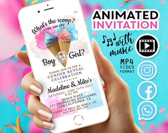 Gender reveal Party What's the Scoop Invitation Pink or Blue Ice Cream Gender Reveal Party Invitation, Boy or Girl Animated Invitation Video