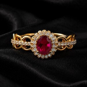 May include: A gold ring featuring a central oval-cut deep red gemstone surrounded by a halo of small clear stones. The band displays an intricate openwork design with additional clear stones embedded along the sides of the metal shank.