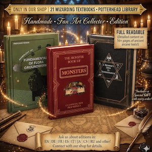 May include: Three hardcover books titled Fundamental of Flora Groundwork, The Monster Book of Monsters, and A Beginner's Guide to Transfiguration. The set includes envelopes with wax seals, a quill pen, and an inkwell on a map background.