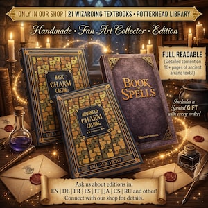May include: Three hardcover books titled Basic Charm Casting, Advanced Charm Casting, and Book of Spells, featuring ornate gold and dark patterns. The collection includes a purple potion bottle, a quill, an inkwell, and wax-sealed envelopes.