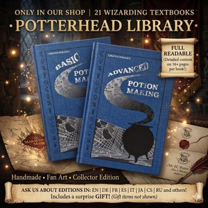 May include: Two blue hardback books titled Libatius Borage's Basic Potion Making and Advanced Potion Making. The covers feature silver text, a cauldron graphic, and celestial symbols. The set includes a Marauder's Map and a letter with a wax seal.