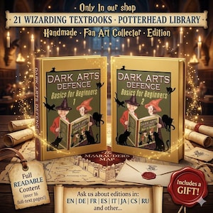 May include: Two gold-covered books titled Dark Arts Defence Basics for Beginners 1 and 2, featuring illustrations of figures in pointed hats and black cats. The set includes a map, a wax-sealed envelope, and a tag labelled Full Readable Content.