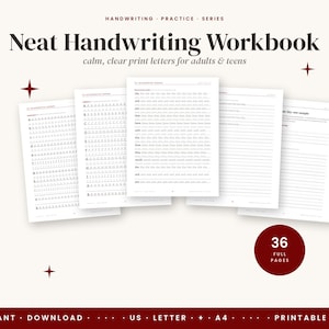 May include: A handwriting practice workbook featuring 36 full pages of print letter exercises. The cover displays the text Neat Handwriting Workbook, calm, clear print letters for adults & teens, with pages showing alphabet and word tracing.