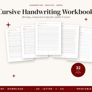 Cursive Handwriting Practice Sheets for Adults: 32-Page Printable Cursive Workbook PDF, US Letter + A4