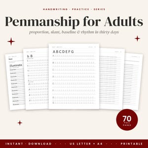 Puede incluir: Un cuaderno de ejercicios de caligrafía titulado Penmanship for Adults, con setenta páginas sobre proporción, inclinación, línea base y ritmo. Las páginas muestran ejercicios de calco del alfabeto y hojas pautadas.