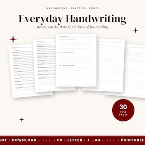 Op de afbeelding: Een digitaal handschrift-oefenboek getiteld Everyday Handwriting: notes, cards, lists & 30 days of journaling. De set bevat meerdere pagina's met gelinieerde oefenbladen, alfabet-oefeningen en prompts voor dagelijkse schrijftaken.