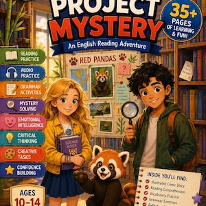 Puede incluir: La portada del libro The School Project Mystery muestra a una niña, un niño y un panda rojo en una biblioteca. El texto incluye The School Project Mystery, An English Reading Adventure y Inside You'll Find: Illustrated Comic Story, Reading Comprehension, Vocabulary Practice, Grammar Exercises, Reflection Activities, Feelings & Emotions Practice, Creative Projects, Answer Keys Included.