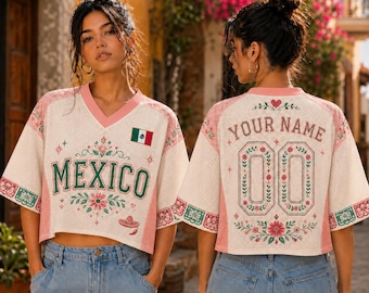 Mexico Mesh Crop Top Jersey, Personalized Girly Jersey Crop Top, Mexico Fan Gift, Custom Name Number Shirt