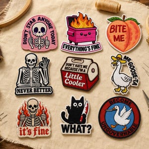 May include: A collection of nine embroidered patches featuring various designs including a skeleton with the text DIDN'T STAB ANYONE TODAY, a dumpster fire with EVERYTHING'S FINE, a peach with BITE ME, a skeleton with NEVER BETTER, a cooler with DON'T HATE ME BECAUSE I'M A LITTLE COOLER, a goose with ME GOOSE-TA, a skeleton with it's fine, a cat with a knife and WHAT?, and a goose with BECOME UNGOVERNABLE.