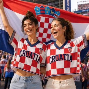 May include: Two cropped V-neck shirts featuring a red and white checkered pattern, dark blue trim, and the word CROATIA printed in dark blue across the chest. Each shirt displays a small Croatian coat of arms emblem on the upper left side.