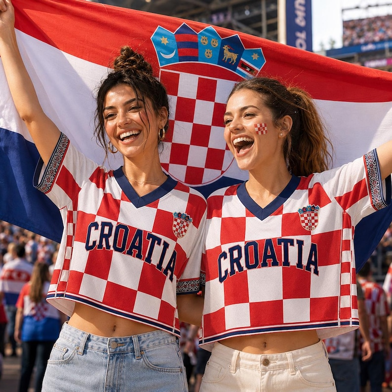 May include: Two cropped V-neck shirts featuring a red and white checkered pattern, dark blue trim, and the word CROATIA printed in dark blue across the chest. Each shirt displays a small Croatian coat of arms emblem on the upper left side.