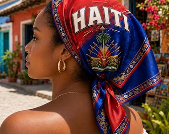 Haiti Flag Satin Scarf, Haitian Heritage Headwear, Neck Wrap Accessory