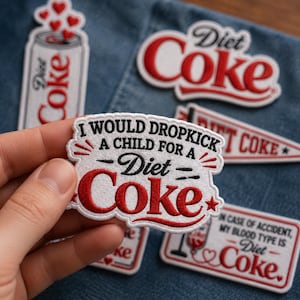 May include: A white embroidered patch with red and black text that reads I WOULD DROPKICK A CHILD FOR A Diet Coke. The patch features red accents and a star. Other Diet Coke themed patches are visible in the background on a blue denim surface.