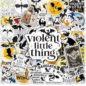 May include: A collection of assorted vinyl stickers featuring fantasy themes, dragon illustrations, and literary quotes. Prominent text includes "violent little thing," "Basgiath War College," "Velaris," and "I had the time of my life fighting dragons with you."