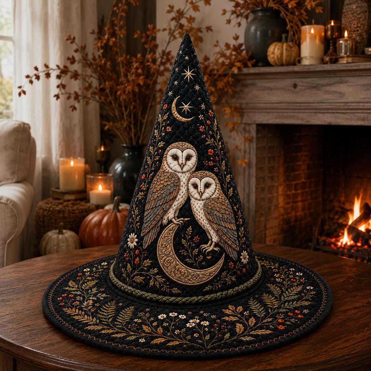Moonlit Owl Quilted Witch Hat, Halloween Witch Hat, Gothic Halloween Costume, Halloween Gift, Dark F
