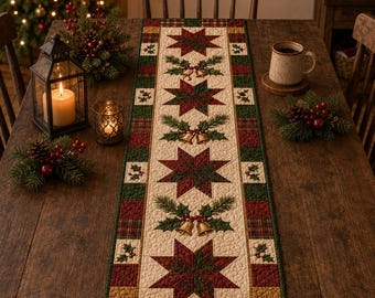 Christmas Quilted Table Runner, Poinsettia Star Holly Bell Holiday Dining Table Decor
