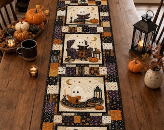 Halloween Reading Ghost Quilted Table Runner, Pumpkin Book Lover Fall Dining Decor, Spooky Ghost Autumn Table Decor, Halloween Gift