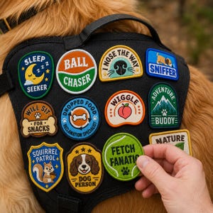 May include: A black dog harness featuring multiple embroidered patches with various designs and text including Sleep Seeker, Ball Chaser, I Nose The Way, Sniffer, Will Sit For Snacks, Dropped Food Reclamation Specialist, Wiggle, Adventure Buddy, Squirrel Patrol, Dog Person, Fetch Fanatic, and Nature.