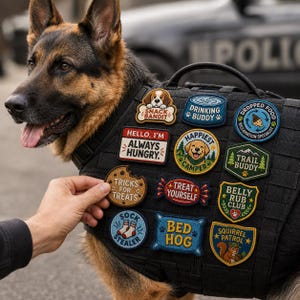 May include: A black tactical dog vest featuring multiple embroidered patches with text including Snack Bandit, Drinking Buddy, Dropped Food, Always Hungry, Happiest Camper, Trail Buddy, Tricks For Treats, Treat Yourself, Belly Rub Club, Sock Stealer, Bed Hog, and Squirrel Patrol.
