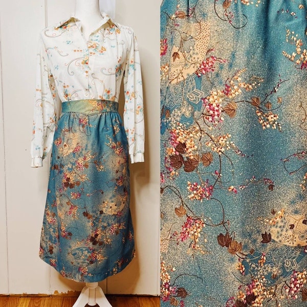 Vintage 70s 80s Cottagecore Fairycore Weathered Teal Floral Fine Corduroy A line Midi Skirt