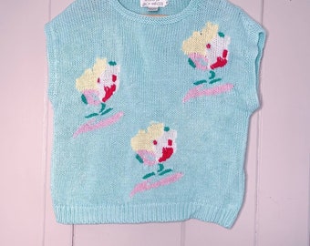 Vintage 90's Handknit Cottagecore Whimsygoth Fairycore Mint Floral Short Sleeved Cotton Blend Sweater