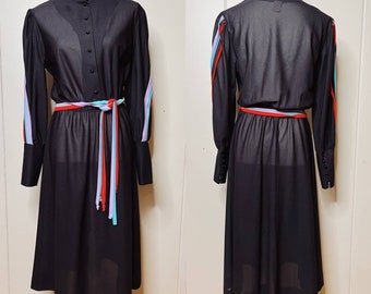 Vintage 70s 80s Black Rainbow High Neck Button Front Button Cuff Midi Dress Witchy Whimsy Goth