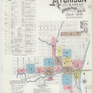 May include: A historical 1891 Sanborn-Perris map of Atchison, Kansas, featuring a detailed street index, a grid layout of city blocks, and color-coded sections. The document includes the title, date, and a compass rose indicating the Missouri River.