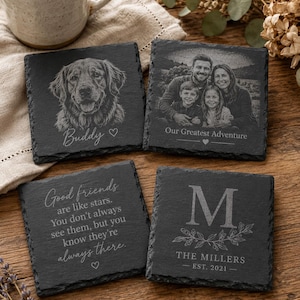 Fully Personalised Slate Coasters, Your Own Photo Engraved, Custom Pet or Family Portrait Gift