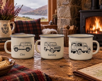 Mug Belly en émail, 375 ml, Land Rover Defender gravé, cadeau personnalisé avec nom