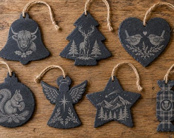 Ornements de Noël en ardoise entièrement personnalisés, gravure de votre photo, lot de 7 décorations à suspendre