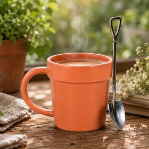 Coffee Mug with Shovel Spoon, Potting Shed Ceramic Plant Pot Design, Novelty Gift