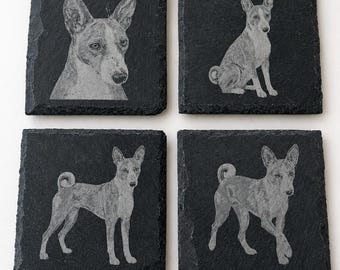 Dessous de verre en ardoise avec portrait de chien Basenji, cadeau de ferme des Highlands, gravure sur le visage du chien