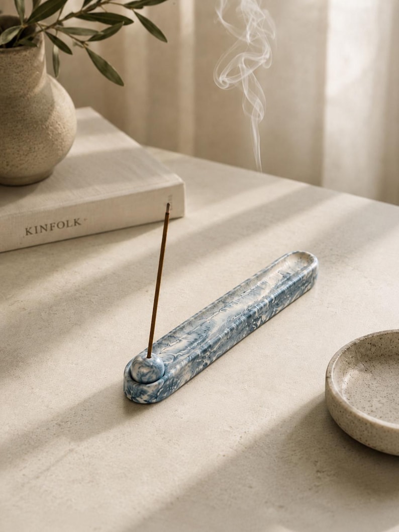 Incense Holder & Incense Bundle, Blue Marble jesmonite holder, Croft & Cleo