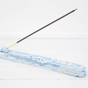 Handmade Jesmonite incense holder in cool blue marble — product shot, Croft & Cleo