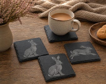 Hare Slate Coasters, Highland Farmhouse Gift, Engraved Hare Portrait