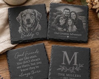 Fully Personalised Slate Coasters, Your Own Photo Engraved, Custom Pet or Family Portrait Gift