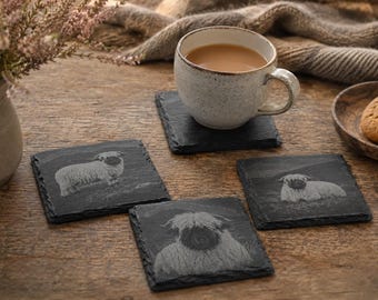 Valais Blacknose Sheep Slate Coasters, Highland Farmhouse Gift, Engraved Sheep Portrait