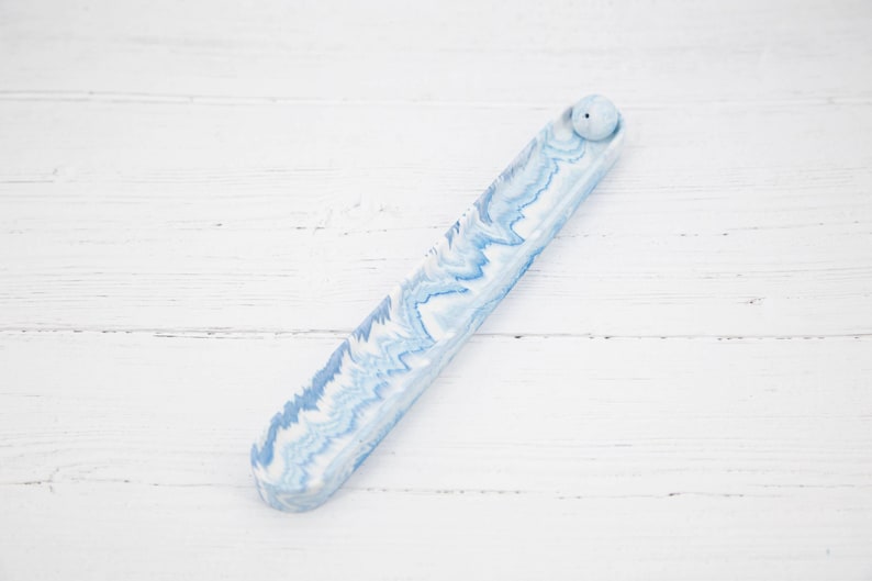 Incense Holder & Incense Bundle in use, blue marble holder with burning incense stick, Croft & Cleo