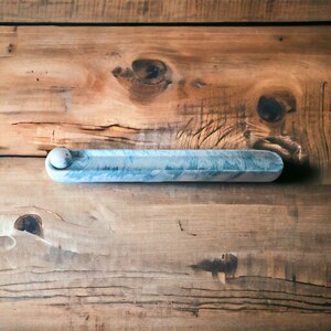 Blue marble Jesmonite incense holder viewed from above, showing the full marbled length against reclaimed wood, Croft & Cleo