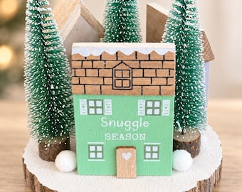 Décoration de table en bois triple maison de 16 cm, décor de village d'hiver, cadeau de Noël